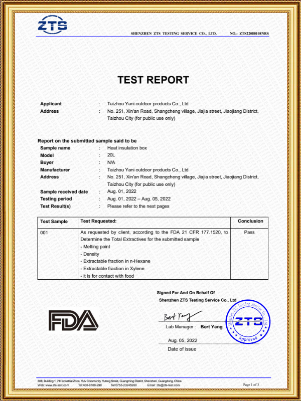 FDA insulated box certification
